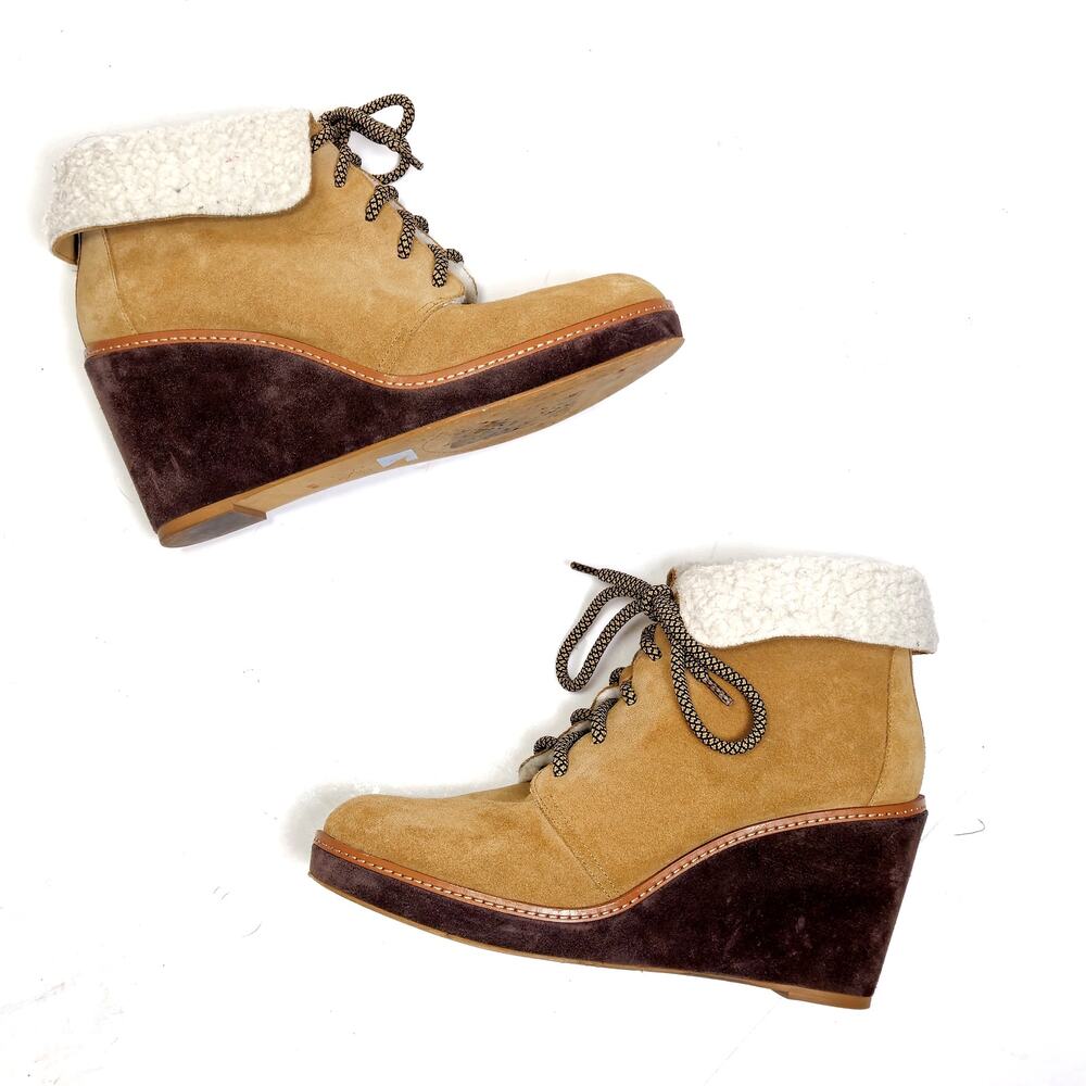Caslon Gaby Wedge Ankle Boots Tan Size 9.5 Faux Shearling Cozy Lodge - Picture 2 of 8